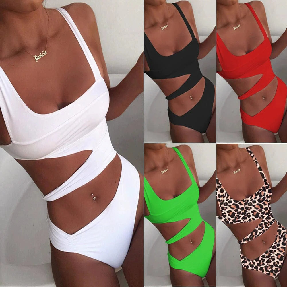Showlu Fashion Women's hollow-out one-piece swimsuit with triangle nylon chest pad, solid color, spaghetti straps, and stylish midriff design.