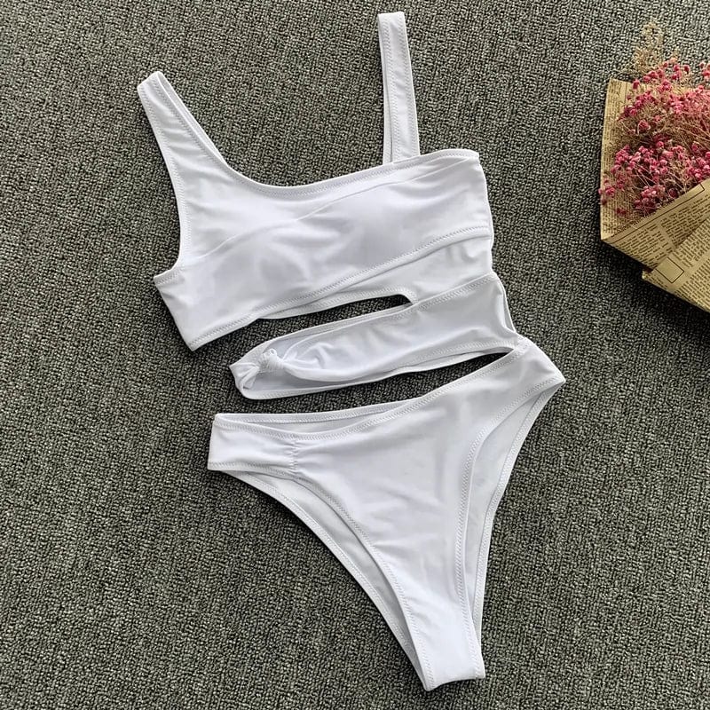 Showlu Fashion Store women's hollow-out one-piece swimsuit with nylon triangle chest pad, solid color, spaghetti straps, and midriff cutout.