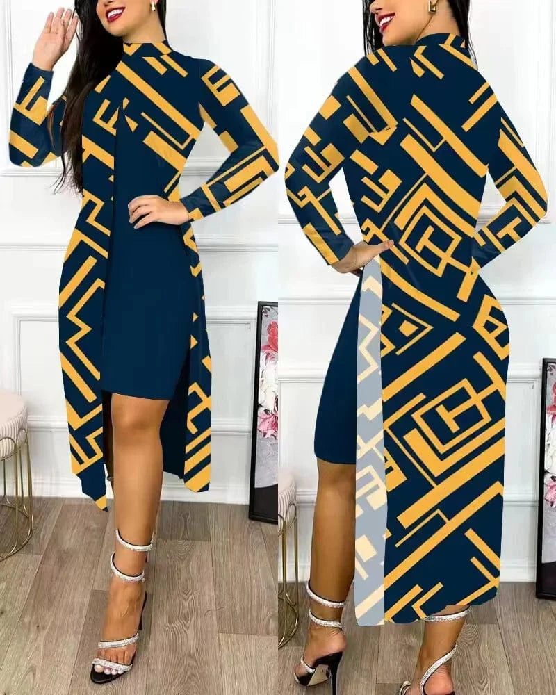 Elegant women's two-piece print dress and cardigan set by SHOWLU FASHION, featuring A-line design, full sleeves, and high collar.