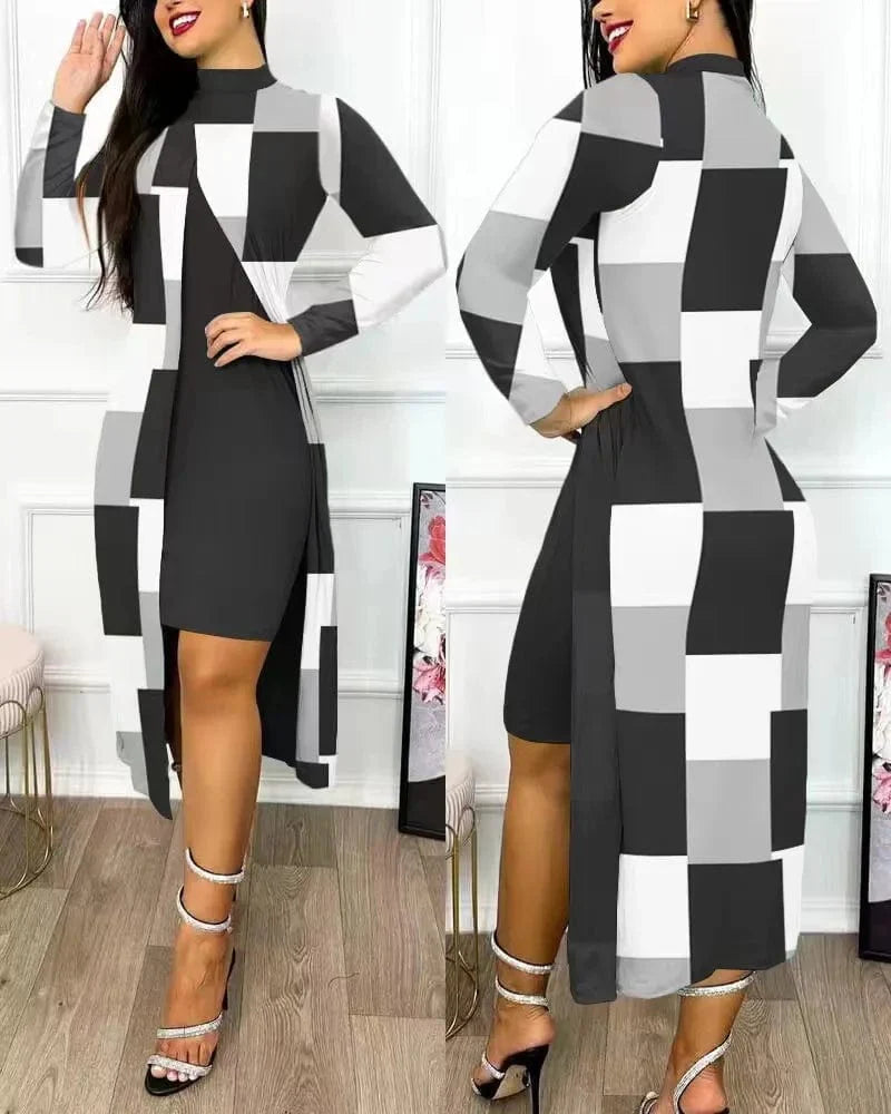 Elegant Kalenmos women's print two-piece office dress suit with full sleeves, high collar, and split cardigan for a stylish professional look.