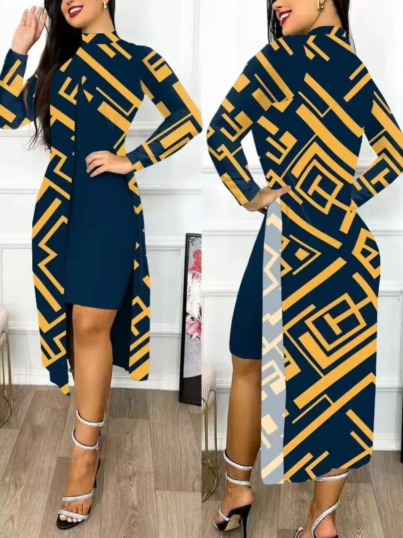 Elegant Kalenmos women's print two-piece office dress suit with A-line design, full-sleeve cardigan, and high collar for a professional look.