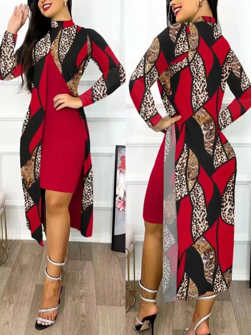 Kalenmos women's print two-piece office dress suit with full-sleeve cardigan, high collar, and elegant A-line design.