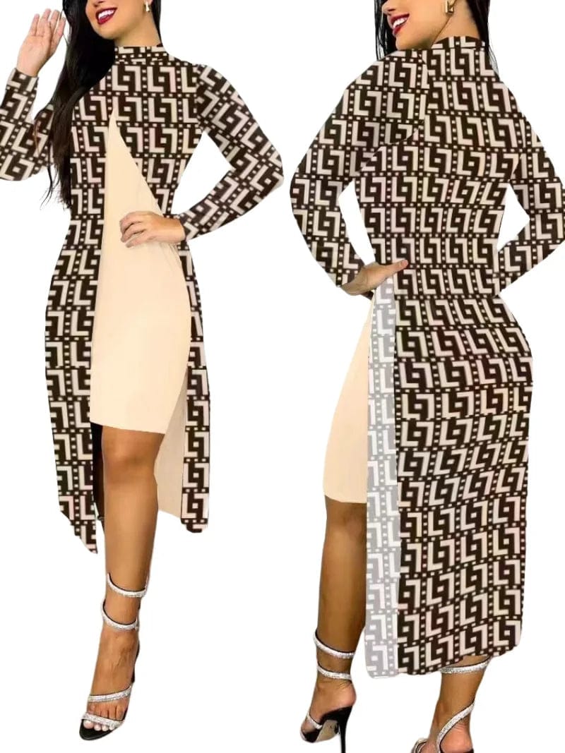 Two Piece Set Women Print Dresses Sets Full Sleeve Half High Collar Split Cardigan Dress Suits Elegant A Line Office Lady - SHOWLU FASHION STORE
