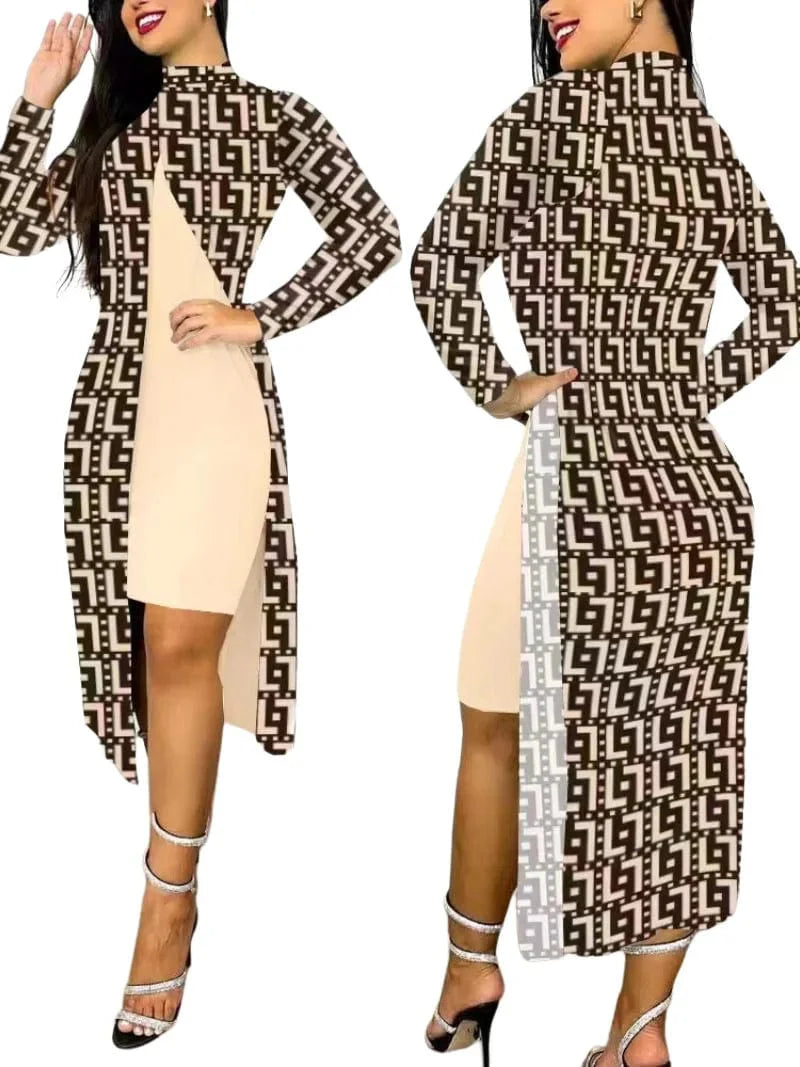 Kalenmos women's print two-piece office dress suit with A-line design, long sleeves, high collar, and split cardigan detail.