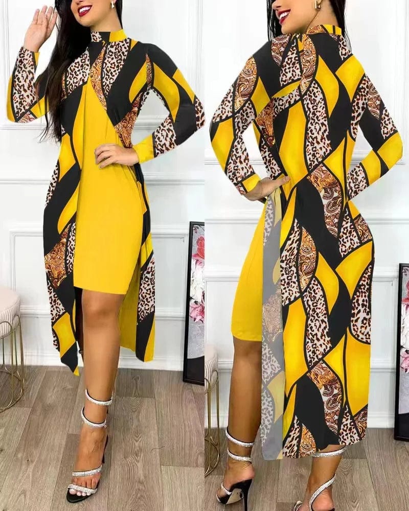 Elegant Kalenmos Women's print two-piece A-line office dress suit with full sleeves, high collar, split cardigan from SHOWLU FASHION.