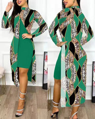 Two Piece Set Women Print Dresses Sets Full Sleeve Half High Collar Split Cardigan Dress Suits Elegant A Line Office Lady - SHOWLU FASHION STORE