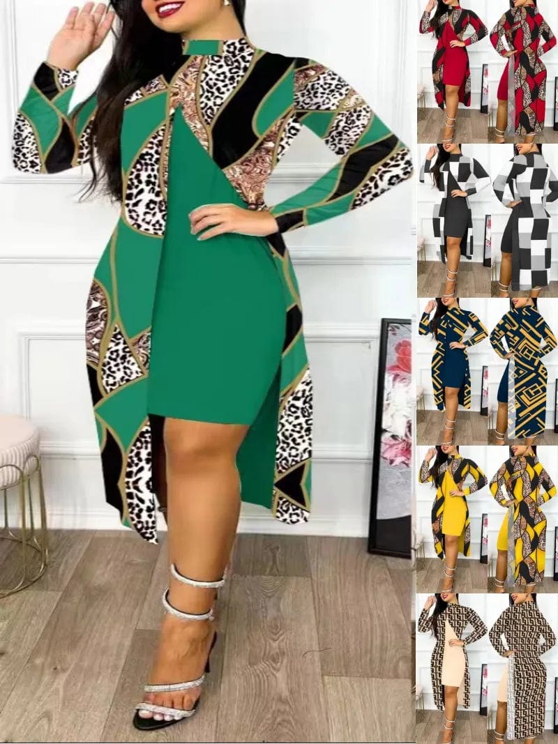 Kalenmos women's print two-piece office dress suit with A-line design, full sleeves, high collar, and split cardigan for elegant office wear.