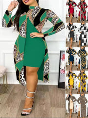 A woman wears a green knee-length dress with a long-sleeved, printed open-front cardigan.