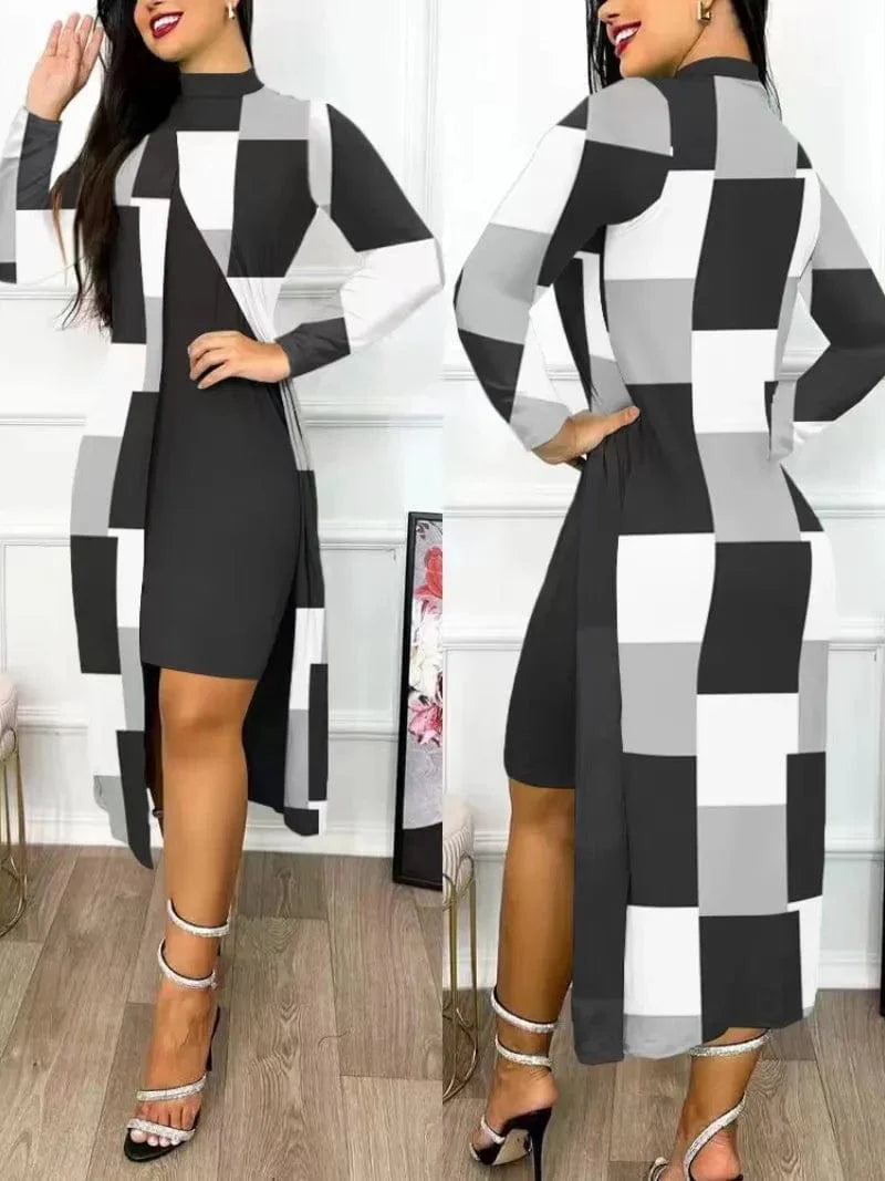 Elegant women's print two-piece office dress suit with A-line skirt, long sleeves, high collar, and split cardigan by SHOWLU FASHION STORE