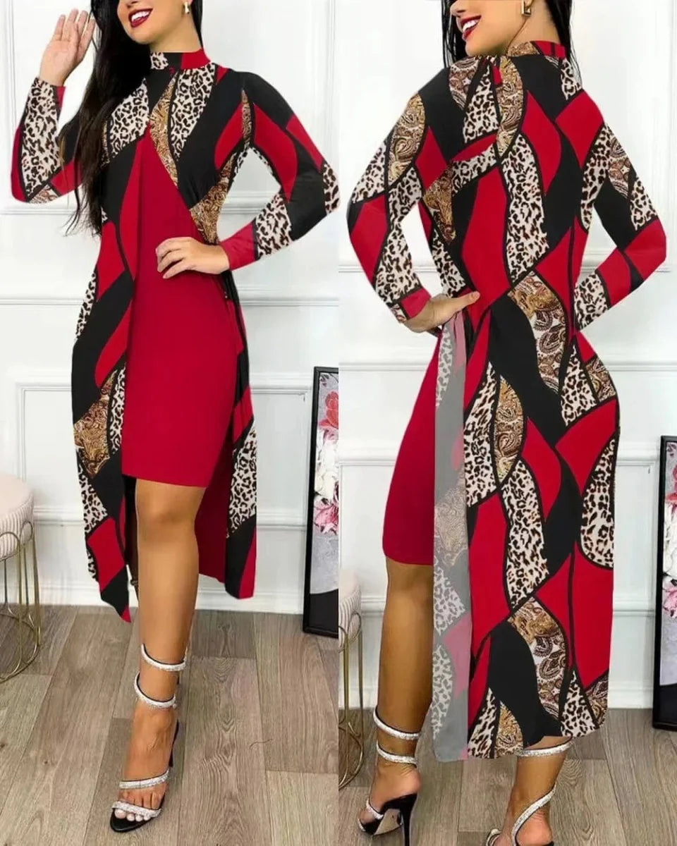 Elegant women's print two-piece office dress suit with full sleeves, high collar, split cardigan, and A-line skirt, stylish and professional.