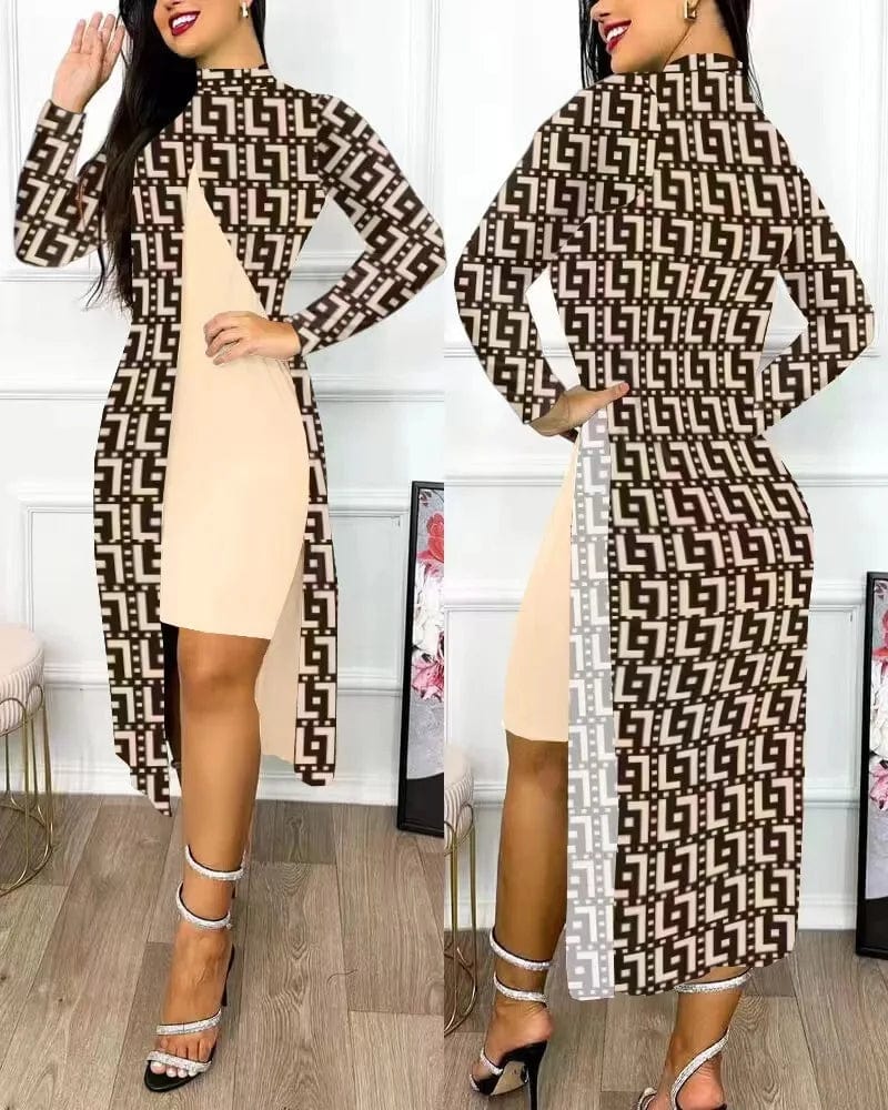 Kalenmos Women's print two-piece office dress suit with A-line design, long sleeves, high collar, and elegant split cardigan style.