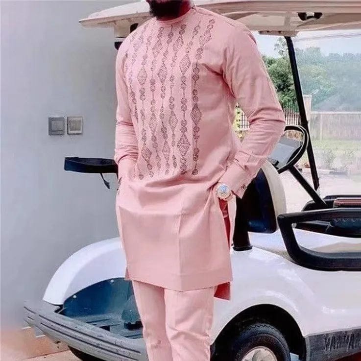 Wulend Men's African 2-Piece Suit with dashiki print shirt and matching slim fit pants, traditional wedding or party outfit.