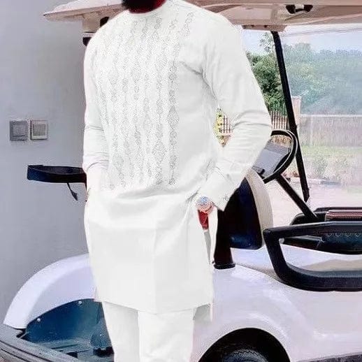 Wulend Men's African 2-Piece Suit with dashiki print shirt and matching slim-fit pants, traditional wedding or party outfit