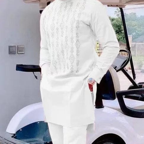 Wulend Men's African 2-Piece Suit with Slim Fit Dashiki print shirt and matching pants, traditional African wedding party outfit.