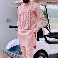 Two Pieces Set Men African Suit Long Sleeve Round Collar Print Shirt Pants Africa Traditional Wedding Party Outfits Slim Suits - SHOWLU FASHION STORE