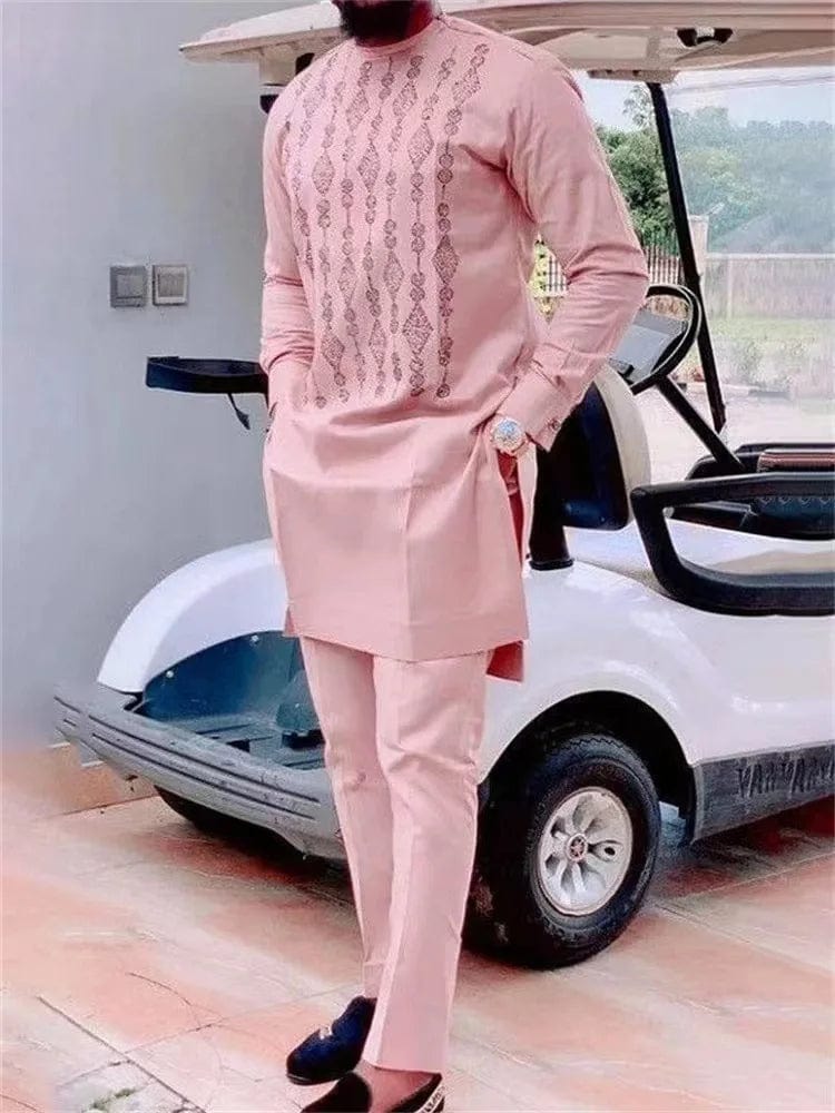 Wulend Men's African 2-Piece Suit with dashiki print shirt and matching pants, slim fit traditional African wedding or party outfit