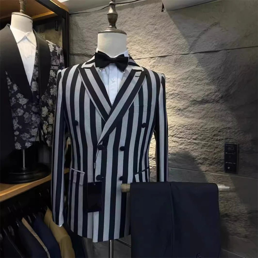 Two Pieces Straps Men's Suit Set, Double Breasted Blazer and Black Pants Slim Fitting Tuxedo Wedding Party Formal Suits for Men - SHOWLU FASHION STORE