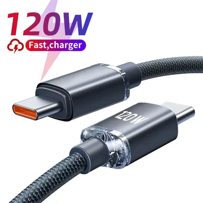 Showlu 120W USB-C to Type-C nylon braided fast charging cable, 1 meter length, durable and tangle-resistant for quick device charging.