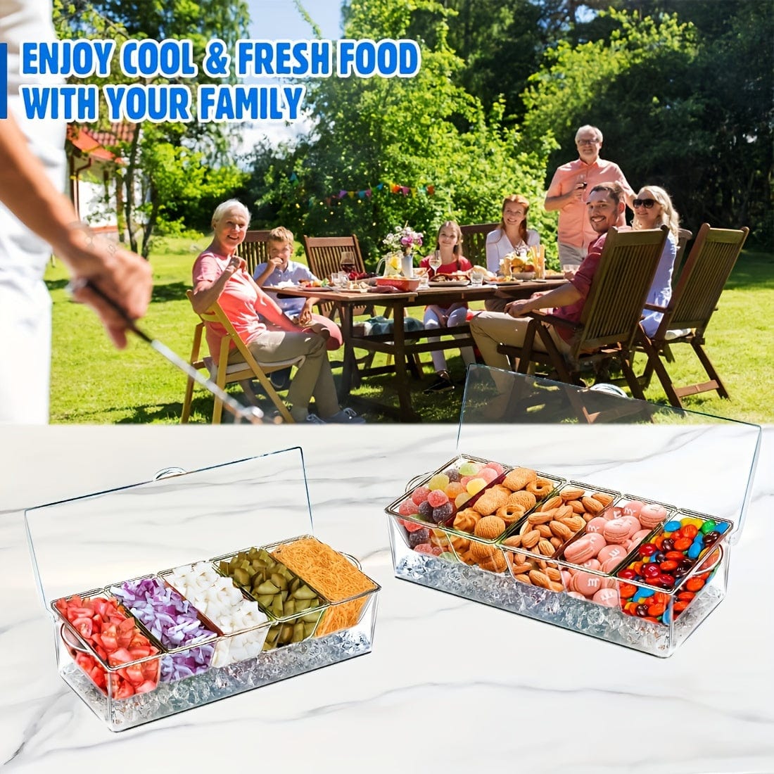 Showlu chilled condiment server tray with five compartments and lid, designed for ice and condiment organization at parties.