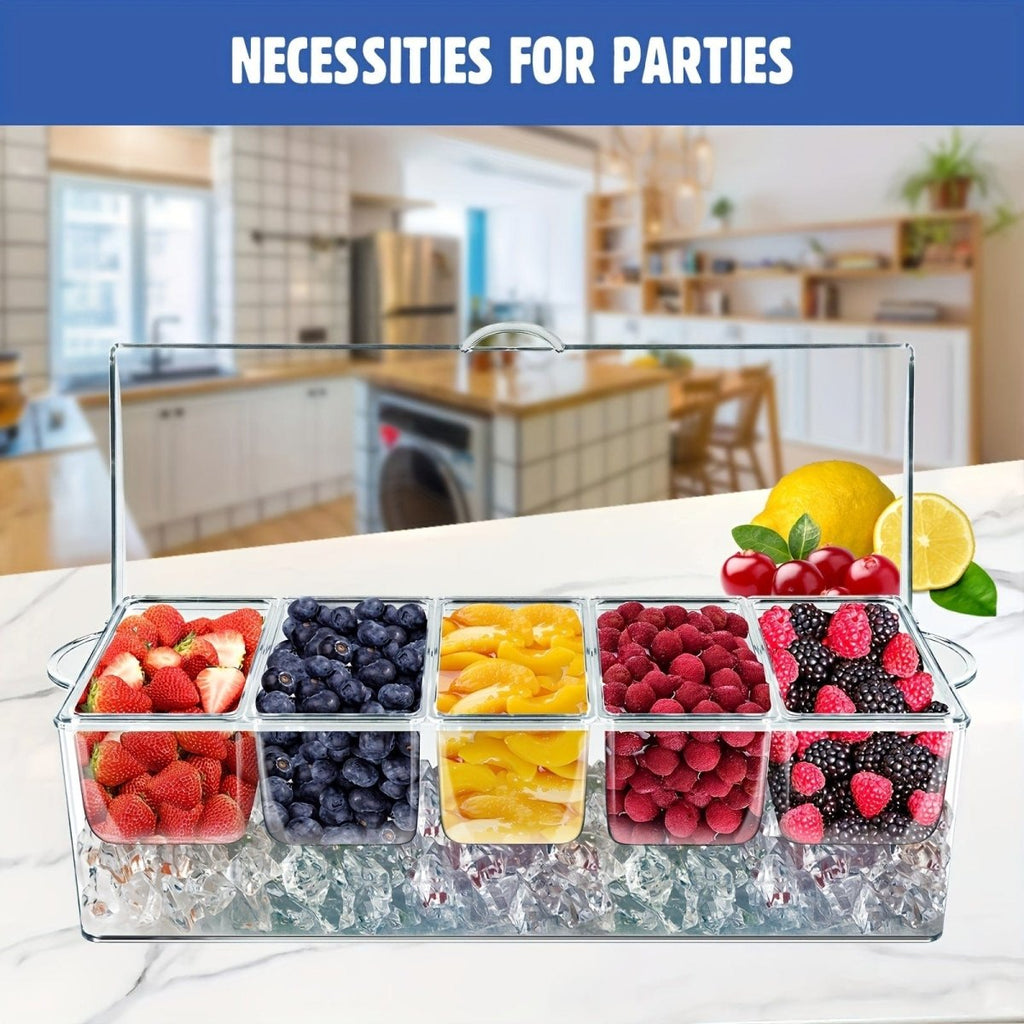 Showlu chilled condiment server tray with five compartments and lid, designed for serving condiments and ice at gatherings.