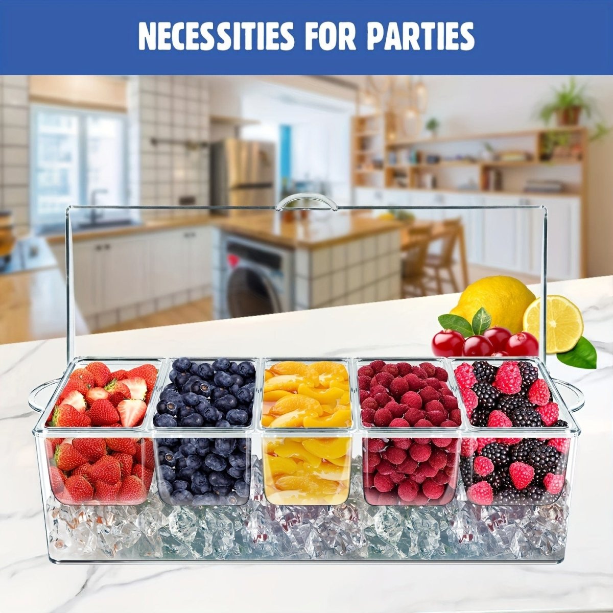 Showlu chilled condiment server tray with five compartments and lid, designed for serving condiments and ice at gatherings.