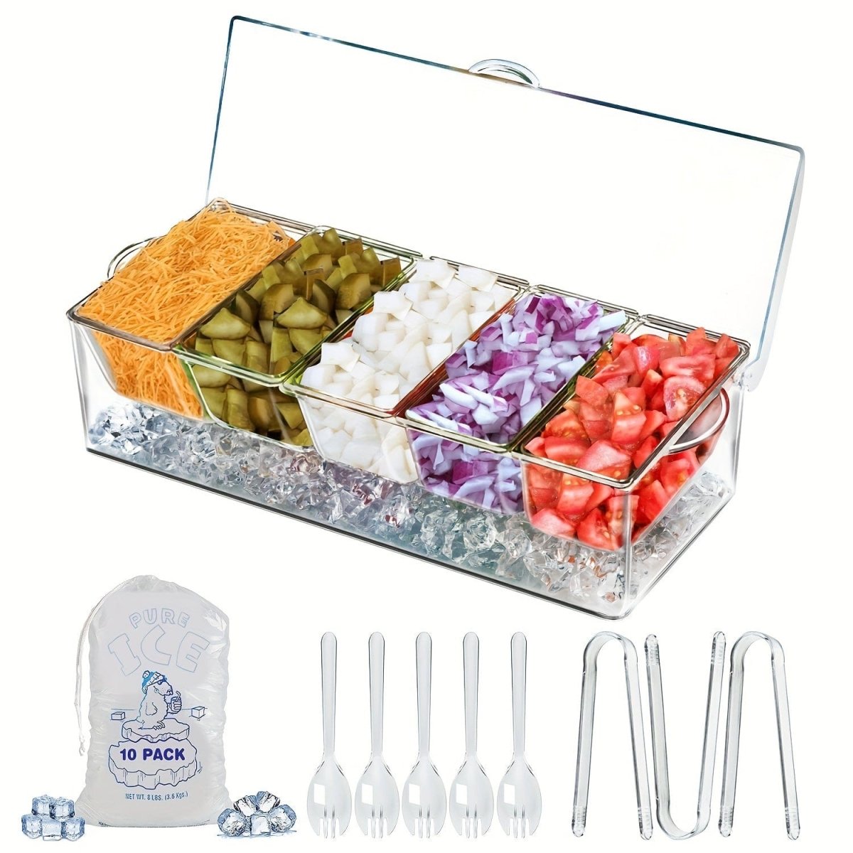 Showlu Chilled Condiment Server Tray with 5 compartments and lid, designed for keeping condiments cold and organized.