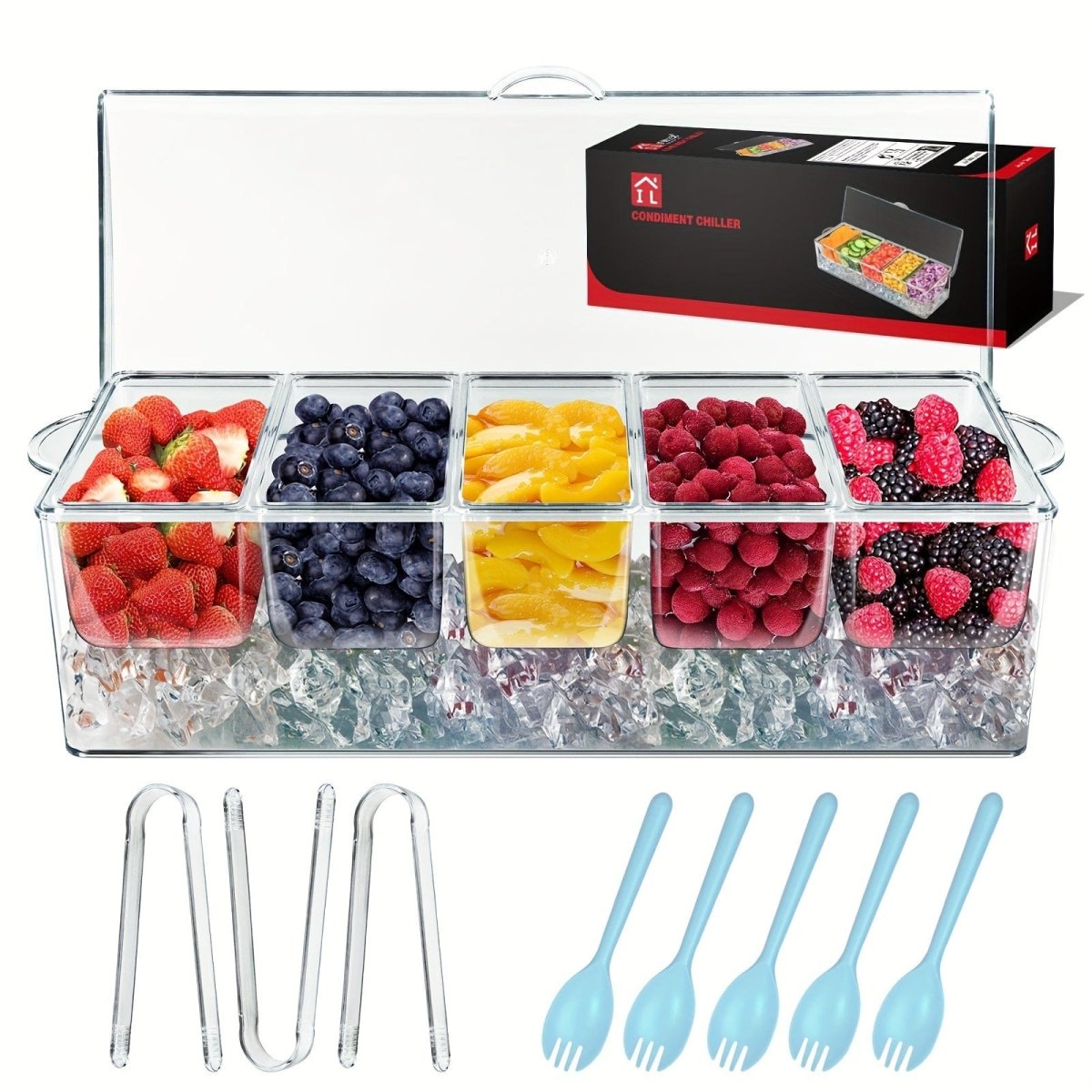 Showlu Chilled Condiment Server Tray with five compartments and lid, perfect for keeping condiments cool and organized.