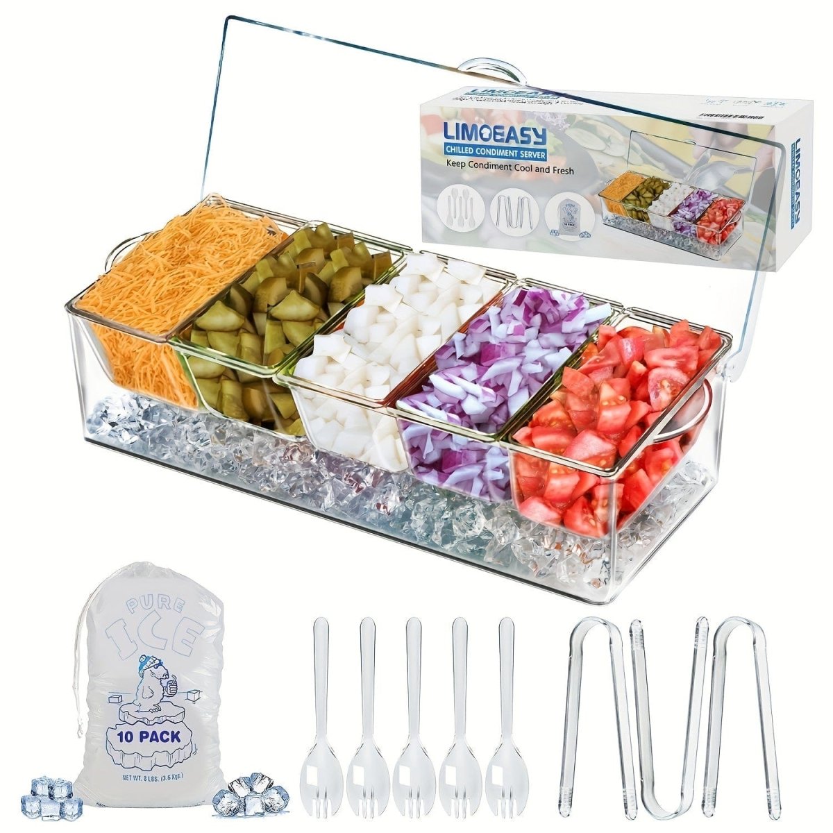 Showlu Chilled Condiment Server Tray with five compartments and lid, designed for keeping condiments cool and organized.