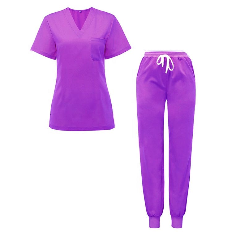 Showlu unisex jogger scrub suit set with V-neck design, medical nursing uniform for doctors and nurses in hospital settings.