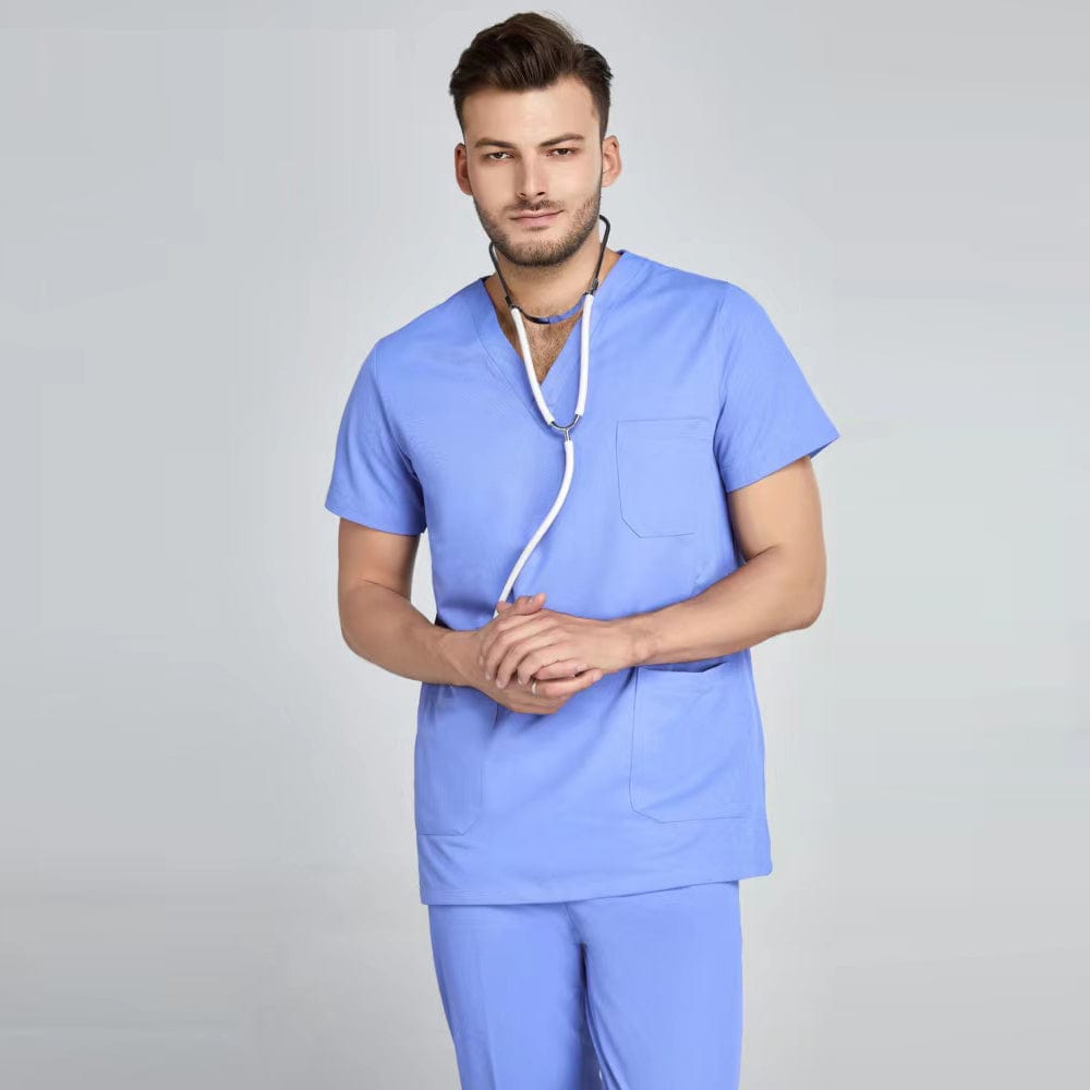 Unisex Showlu scrub suit set with jogger-style pants and V-neck top, medical nursing uniform for healthcare professionals.