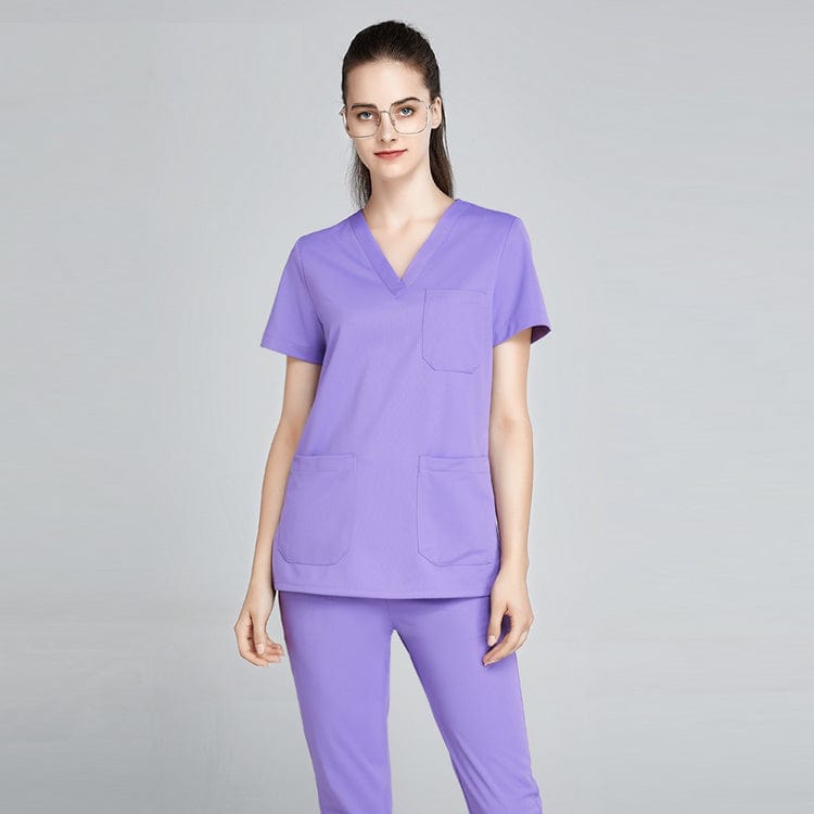 Unisex Showlu jogger scrub suit set with V-neck medical nursing uniform, suitable for doctors and nurses in hospital settings.