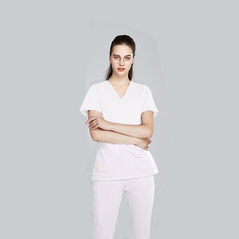 Unisex Showlu jogger scrub suit set with V-neck medical nursing uniform, suitable for doctors and nurses in hospital settings.