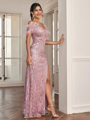 Unithorse Cold Shoulder Split Thigh Sequin Formal Dress - SHOWLU FASHION STORE