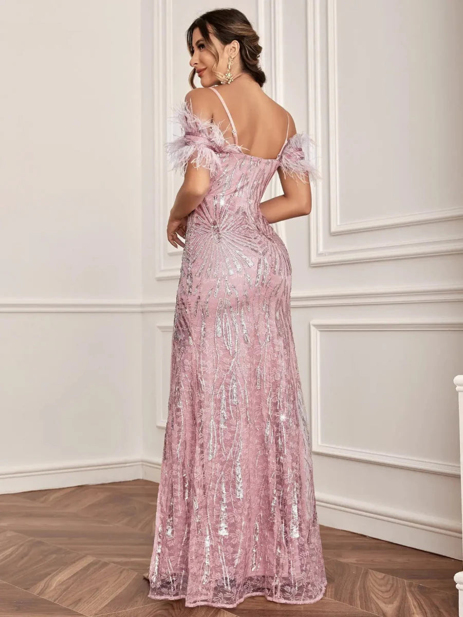 Unithorse sequin formal dress with cold shoulder design, split thigh, and A-line silhouette in a stylish evening gown.