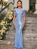 Showlu Fashion Unithorse sequin mermaid prom dress with fringe trim, floor-length gown featuring a fitted silhouette and shimmering embellishments.