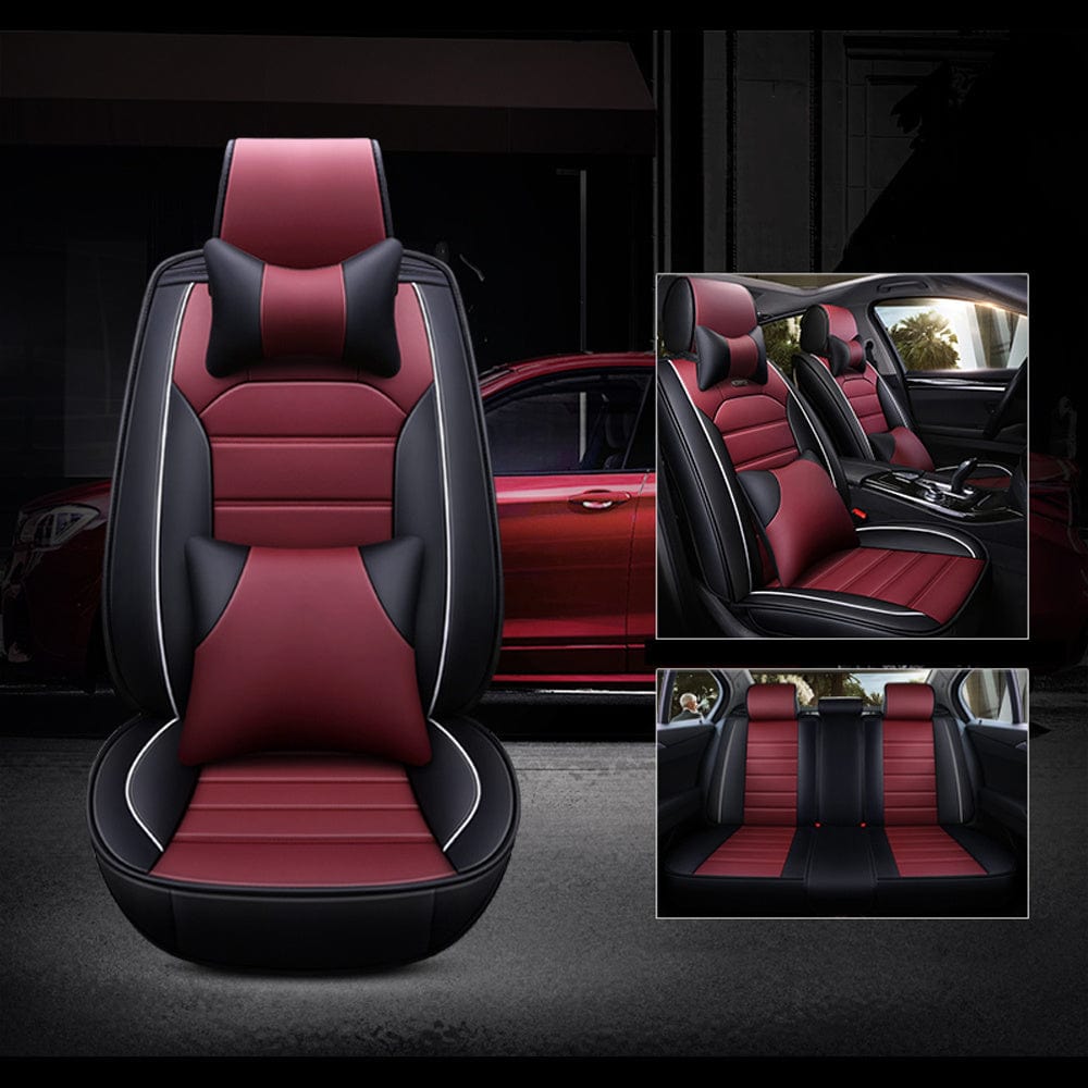 Showlu Luxury Faux Leather Car Seat Cover Full Set with waterproof, sport design, adjustable foam, and all-in-one fit for vehicle seats.