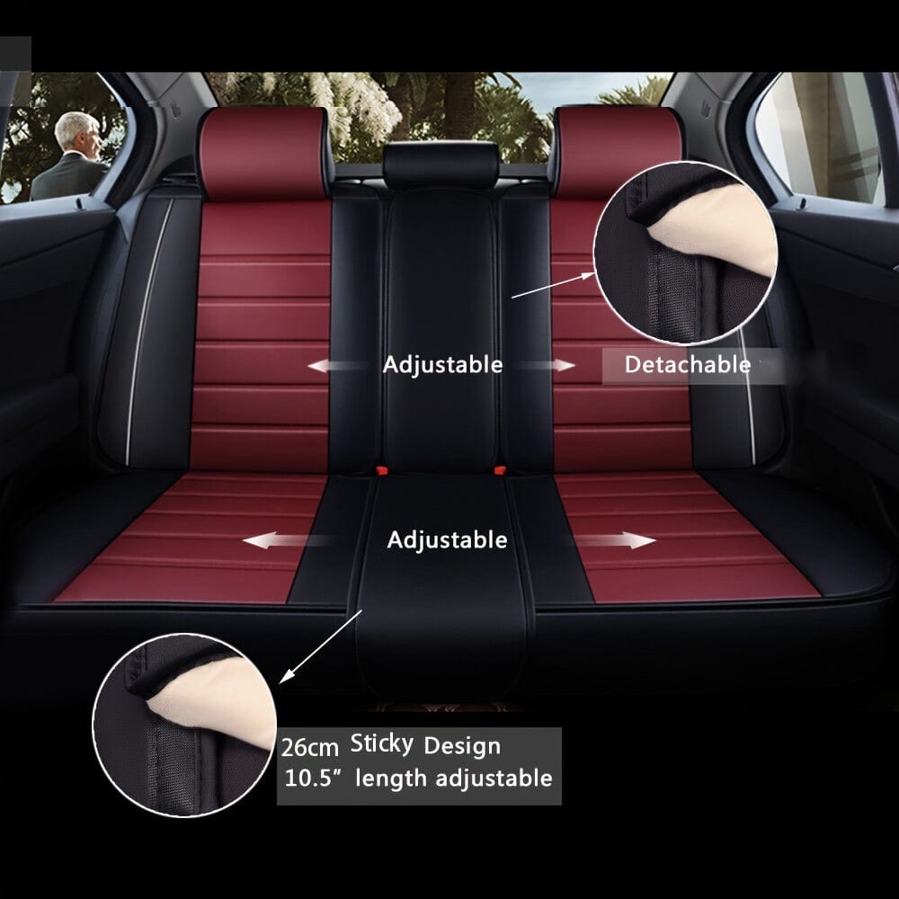 Showlu Luxury Faux Leather Car Seat Cover Full Set with waterproof, sport design, high elasticity foam, adjustable fit for car seats.