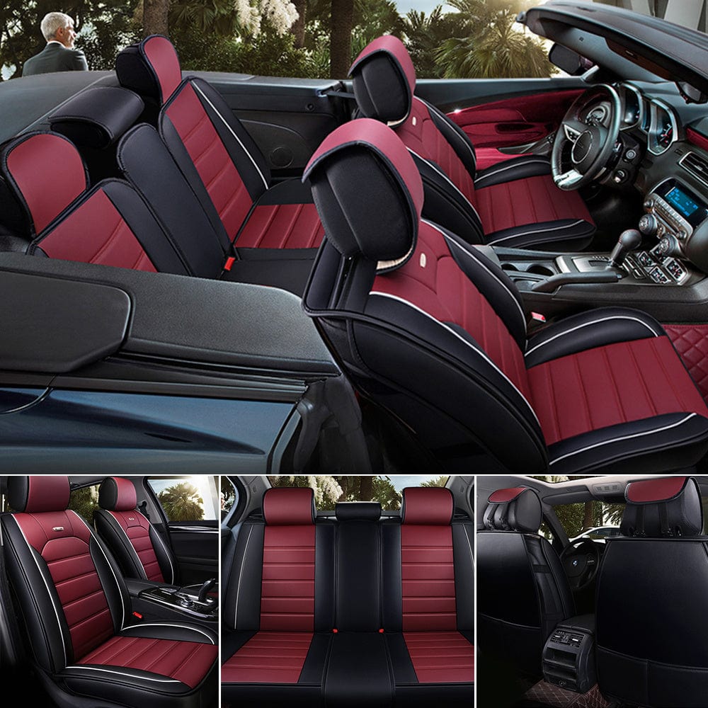 Showlu Luxury Faux Leather Car Seat Cover Full Set with waterproof, sport design, high elasticity foam, and adjustable rear bench pad.