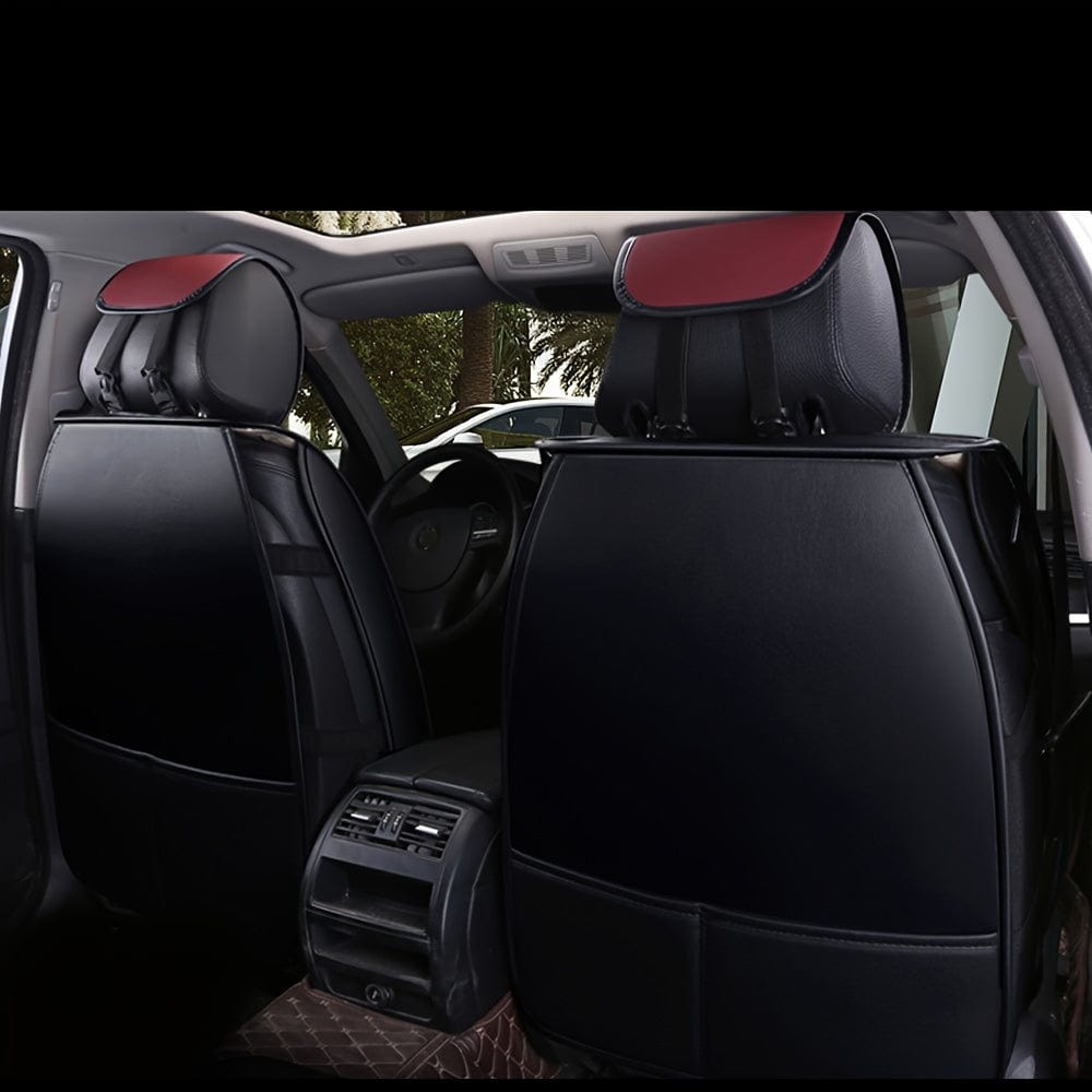 Showlu Luxury Faux Leather Car Seat Cover Set with waterproof, adjustable, high-elasticity foam for front and rear seats in a car.