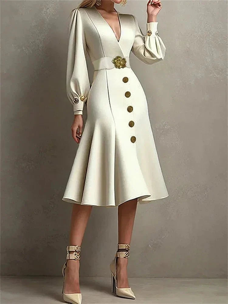 UOOZEE women's V-neck pleated A-line evening dress with belted waist, suitable for formal parties and special occasions.
