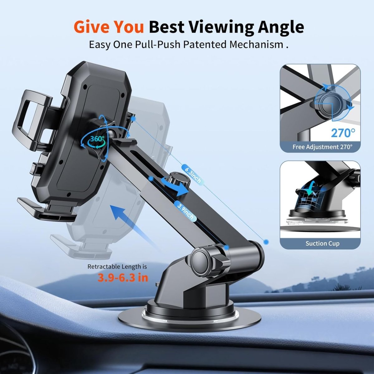 Showlu 3-in-1 car phone holder mount with powerful suction for dashboard, windshield, and air vent compatibility for iPhone and Android.