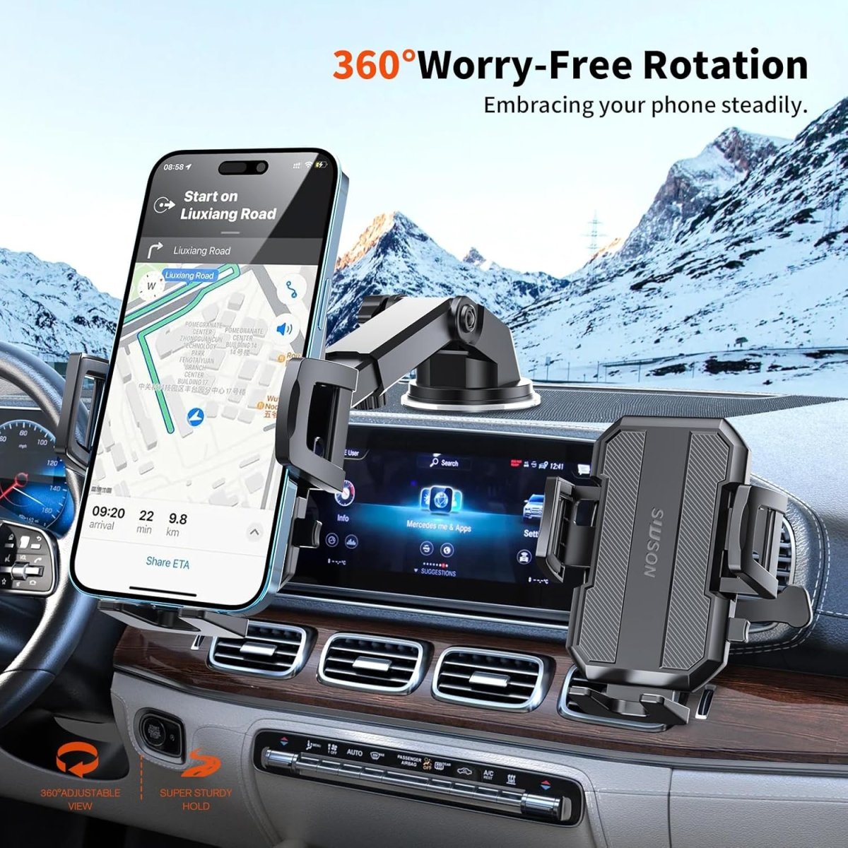 Showlu 3-in-1 car phone holder mount with strong suction for dashboard, windshield, and air vent, compatible with iPhone and Android.