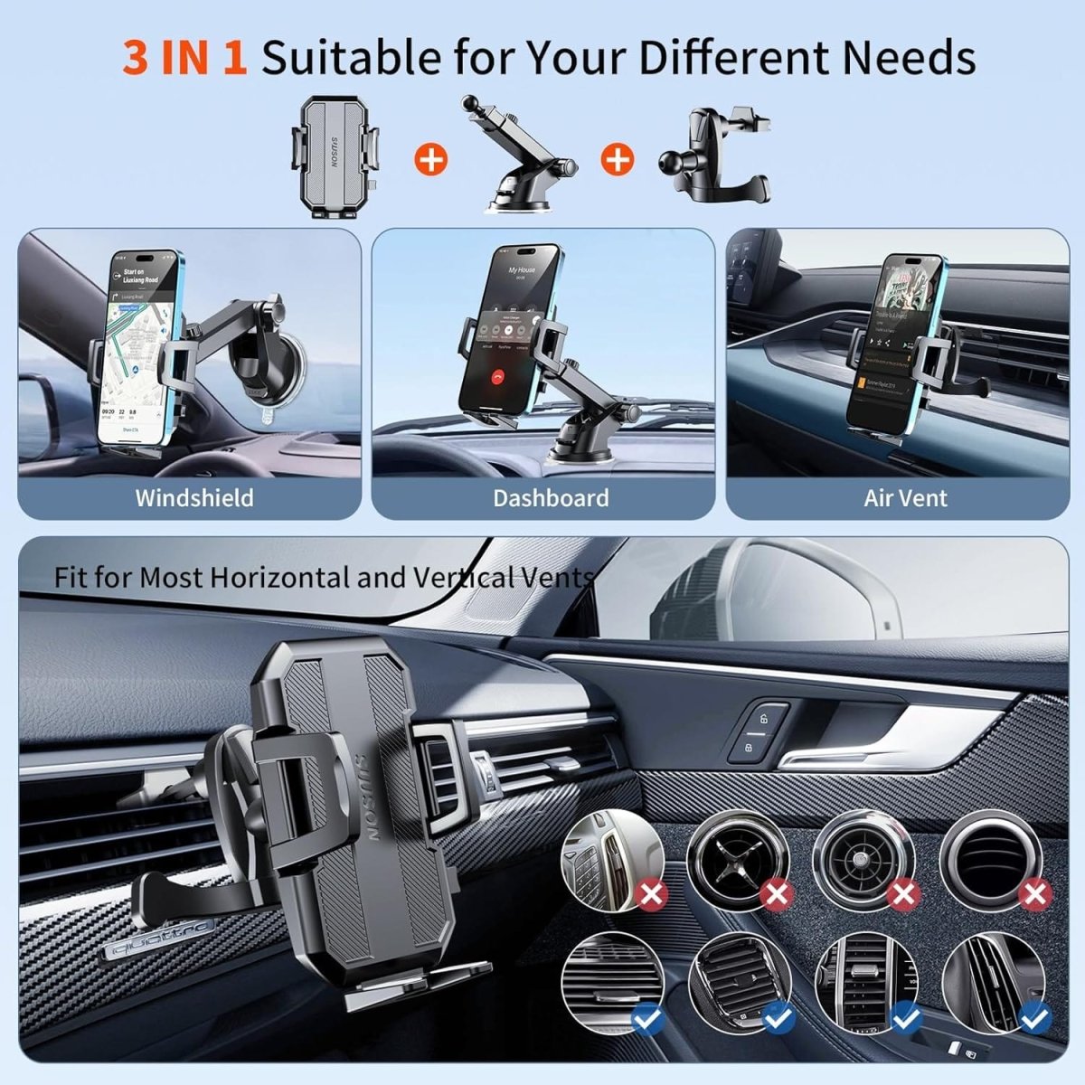 Showlu 3-in-1 car phone holder mount with strong suction for dashboard, windshield, or air vent, compatible with iPhone and Android.