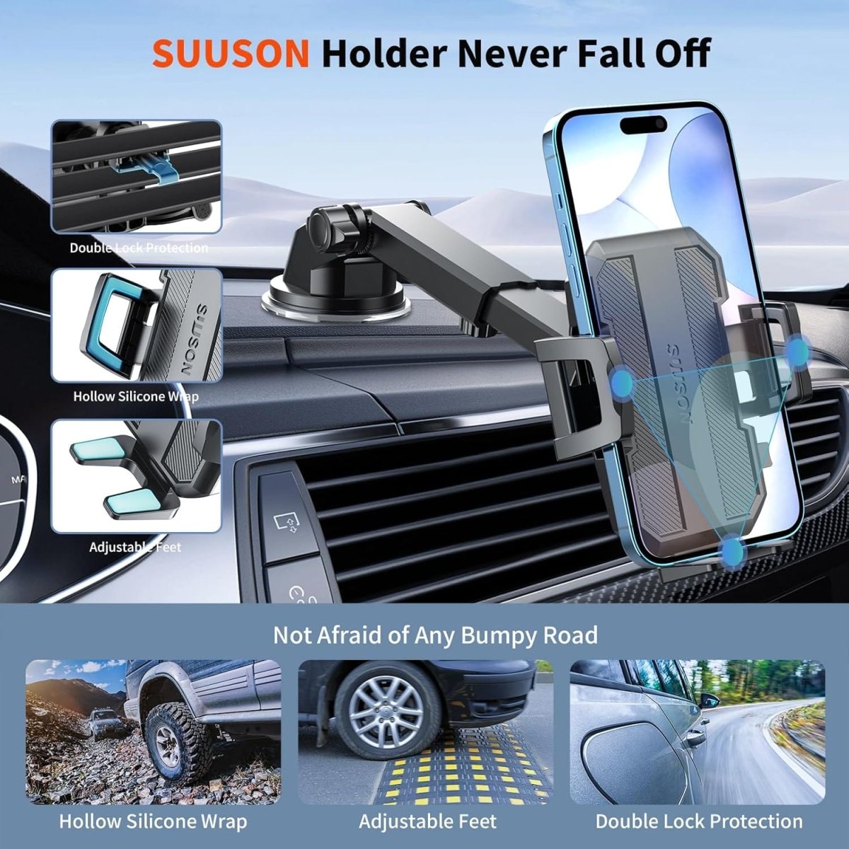 Showlu 3-in-1 car phone holder mount with strong suction for dashboard, windshield, and air vent, fits iPhone and Android phones.