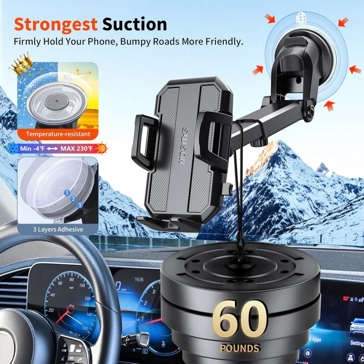 Showlu 3-in-1 car phone holder mount with powerful suction for dashboard, windshield, and air vent, compatible with iPhone and Android.