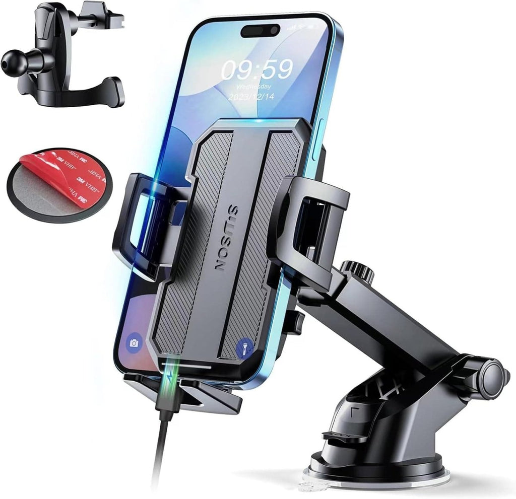 Showlu 3-in-1 car phone holder mount with powerful suction for dashboard, windshield, and air vent, compatible with iPhone and Android.