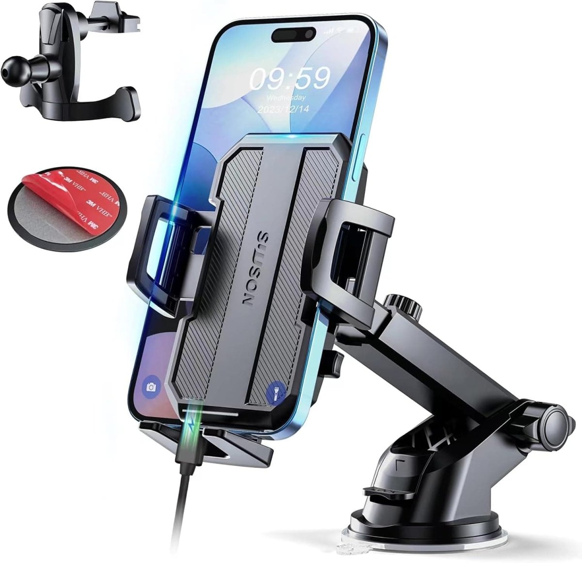Showlu 3-in-1 car phone holder mount with powerful suction for dashboard, windshield, and air vent, compatible with iPhone and Android.