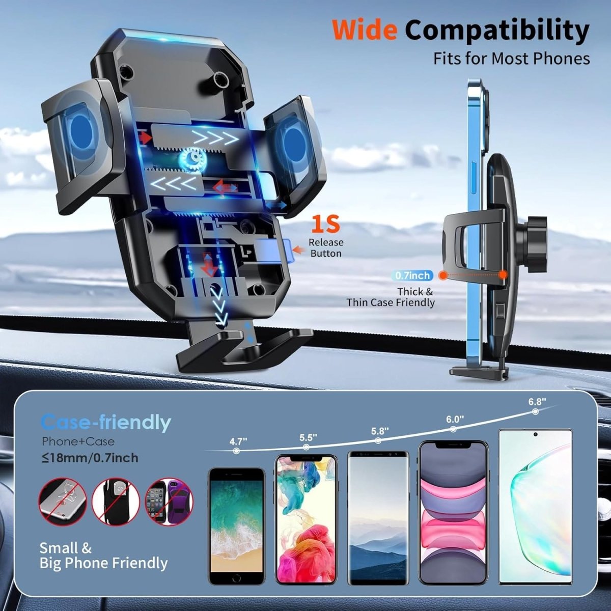 Showlu 3-in-1 car phone holder mount with powerful suction for dashboard, windshield, or air vent, compatible with iPhone and Android.