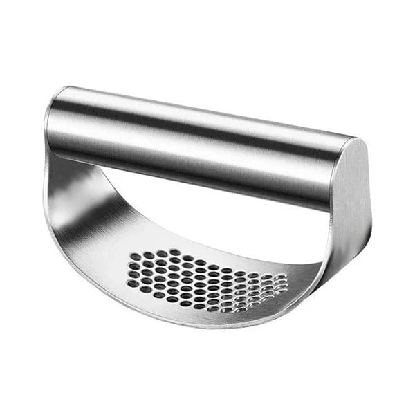 Stainless steel garlic press and ginger rocker mincer with ergonomic handle, manual kitchen tool for crushing garlic and ginger.