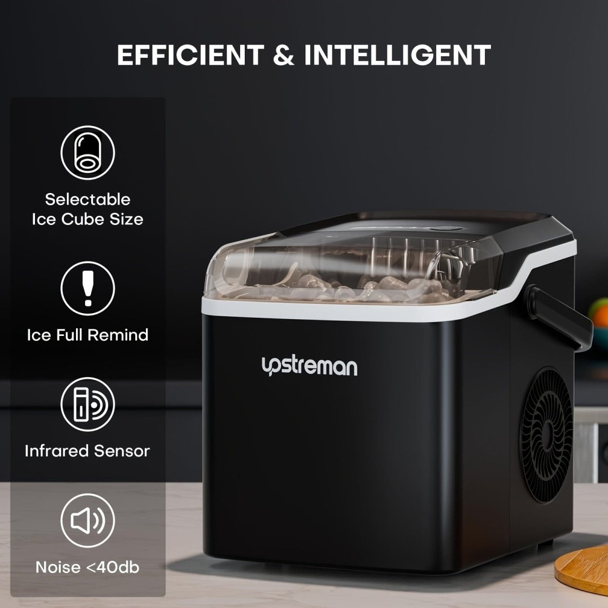 Upstreman Y90 portable ice maker producing bullet-shaped ice cubes, with 26lbs daily capacity and self-cleaning feature.